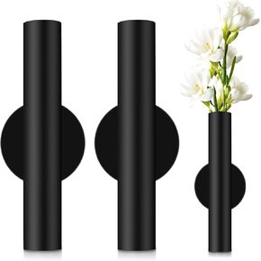 3 Pcs Wall Mounted Vases Wall Vases for Decor Dried Flower Wall Decor Flower Wall Sconce Black Metal Flower Vase with Sticker for Home Office Flower Display Decoration (Black)