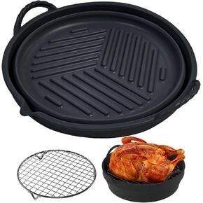 Reusable Air Fryer Silicone Liners with Air Fryer Rack, Foldable Round Silicone Air Fryer Basket Liners, 8.5 Inch Air Fryer Inserts for 5-7 QT Air Fryer, Grey
