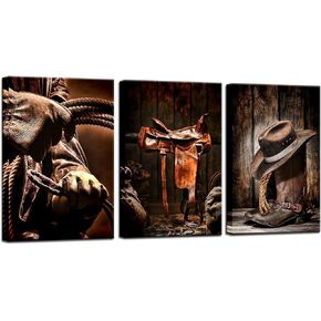 Biuteawal - 3 Pieces Canvas Prints American West Rodeo Cowboy Wall Art Painting Brown Straw Hat on Leather Rancher Roper Boots Picture on Canvas Vintage Artwork Stretched for Home Office Decoration