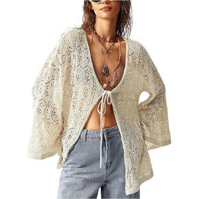 MakeMeChic Women's Crochet Light Weight Hollow Out Tie Front Cardigan Sweater Deep V Neck Long Sleeve Outerwear