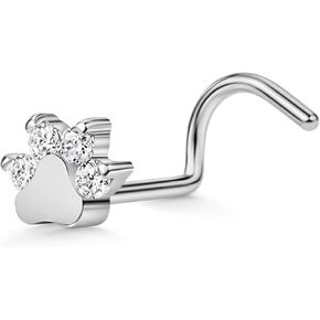 FANSING Corkscrew Nose Rings Studs 20g Nose Screw with CZ Surgical Steel Dog Paw Nose Studs for Women 20 Gauge Nostril Piercing Jewelry Silver