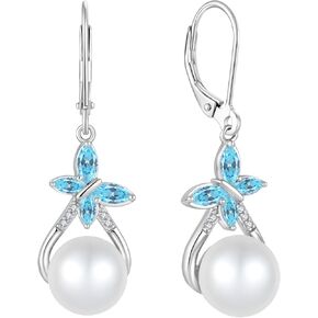 JO WISDOM Pearl Earrings 925 Sterling Silver Butterfly Birthstone 10mm Freshwater Cultured Pearl Leverback Dangle Earrings Jewelry for Women