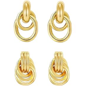 2 Pairs Chunky Twisted Drop Dangle Geometric Gold Knot Earrings for Women