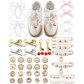 Yawlsow 40 Pcs Shoe Charms for Sneakers Junk Charms for Women Shoe Lace Socks Contain Brooches, Pins, Clips, Bows, Jewelry, Pearl Charms Accessories Bulk for Clothes Bag Hat