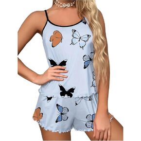 Floerns Women's 2 Piece Butterfly Print Scoop Neck Crop Cami Pajama Shorts Pjs Set
