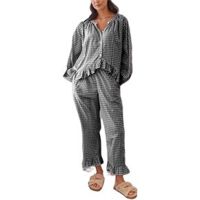 Yuemengxuan Women 2 Piece Plaid Pajamas Set Y2k Casual Lounge Set Puff Sleeve Ruffle Hem Peplum Blouse Shirt +Wide Leg Pants