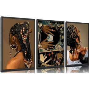 Black Woman Wall art Boho Fashion Black Girl Painting Picture Wall Decor Abstract African American Poster Print Artwork for Living Room Bedroom Office Home Decoration Unframed