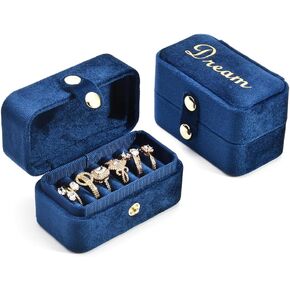 Small Jewelry Travel Case, Portable Pocket Size Mini Plush Velvet Ring Box for Women, Tiny Ring Holder and Organizer (Blue)