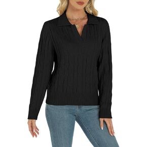 Womens Cable Long Sleeve Sweaters Tops Solid Lapel Polo V Neck Knit Casual Soft Pullover Shirt 2024 Fall Outfits