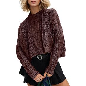 Loose Crew Neck Cropped Sweaters for Women Casual Long Sleeve Cable Knit Pullover Sweater Fall Solid Chunky Sweater