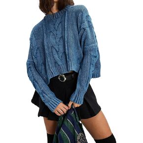Loose Crew Neck Cropped Sweaters for Women Casual Long Sleeve Cable Knit Pullover Sweater Fall Solid Chunky Sweater