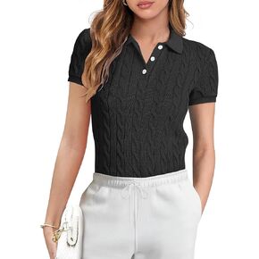 ANRABESS Women's Short Sleeve Sweaters Tops Polo V Neck Button Cable Knit Pullover Business Shirts 2025 Summer Casual Outfits