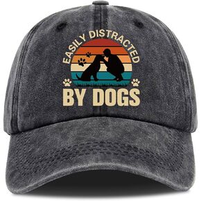 Easily Distracted by Dogs,Funny Baseball Cap,Funny Hats,Dog Dad,Dog Mom,Dog Lover Hat,Funny Vintage Cotton Washed Baseball Caps,One Size Black