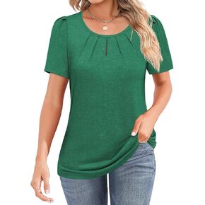 Womens Summer Tops Puff Short Sleeve Shirts Crewneck Pleated Tunic Blouses Fashion Clothes 2024