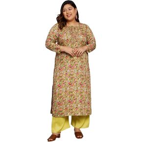 Tissu Women's Plus Size Yellow & Pink Floral Printed Kurta with Palazzo