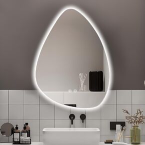 Niccy LED Irregular Bathroom Mirror, 28"x36" Teardrop Shape Frameless Wall Vanity Mirror, 3-Color Adjustal, Dimmable, Anti-Fog, Irregular Led Makeup Mirror, Smart Memory Function, IP65 Waterproof