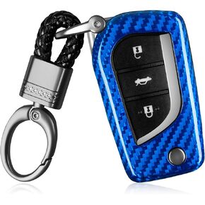 Key Fob Cover Compatible with Toyota with Keychain, Real Carbon Fiber Key Fob Case Compatible with Fortuner Tundra Camry RAV4 Highlander Corolla Key Shells, Blue