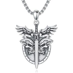 SIMONLY Sword and Shield Necklace 925 Sterling Silver Angel Wing Sword Pendant Necklace Shield Amulet Jewelry for Fathers Day Birthday Christmas Men Women