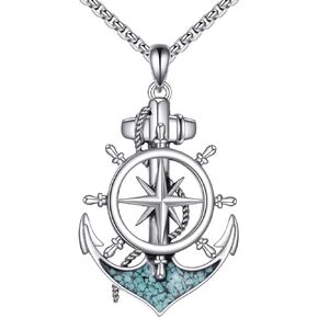 Anchor Necklace 925 Sterling Silver Compass Pendant Turquoise Rope Anchor Jewelry Gifts for Men Navy Sailor