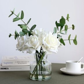 14" Artificial Flowers with White Roses in Vase, Fake Flowers in Artificial Water Vase, Silk Flower Arrangements in Vase with Artificial Flowers for Home Dining Table Decor.