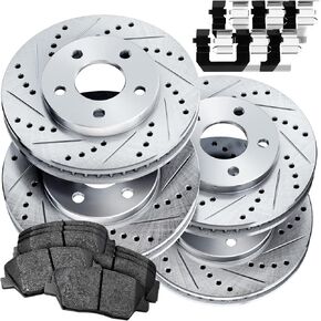 Power Sport PowerSport Front Rear Silver Drilled Slotted Brake Rotors and Ceramic Pads Compatible For 2000-2005 Toyota MR2 Spyder