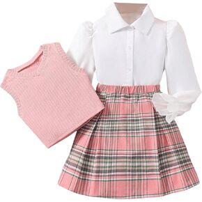 WDIRARA Girl's 3 Piece Outfit Flounce Sleeve Button Down Shirt V Neck Sweater Vest Plaid Pleated Skirt Set