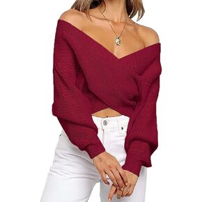 Women Casual V Neck Long Sleeve Sweaters Cross Wrap Off Shoulder Asymmetric Hem Knitted Crop Sweater