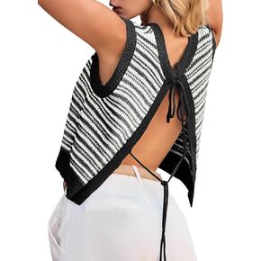 Yousify Womens Crochet Chunky Knit Tops Striped Sweater Vest Sleeveless Sweater Cardigan Bow Tie Open Front Tank Tops
