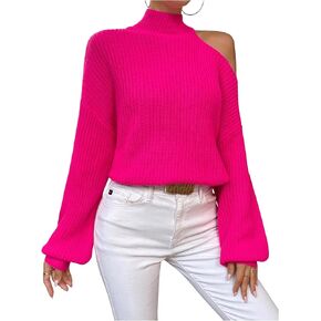 MakeMeChic Women's Mock Neck Cut Out Sweater Lantern Long Sleeve Asymmetrical Pullovers