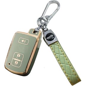 Key Fob Cover for Toyota Tacoma 3 Buttons Soft TPU with Leather Keychain Key Fob Remote Case Fit for Toyota Prius C V Land Cruiser Tacoma Tundra 2012-2023丨HYQ14FBA 89904-0E091 89904-0E090丨 (Grenn)