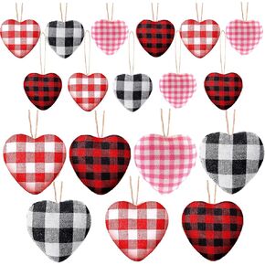 18 Pieces Valentines Fabric Heart Hanging Ornaments, Heart Shaped Baubles Hanging Ornaments Buffalo Plaid Heart Hanging Decorations for Valentine's Day Wedding Party