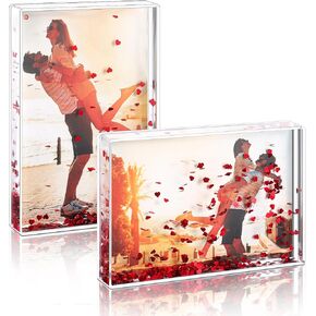 2 Pcs Square Glitter Picture Frame 3.7 x 3.5 Inch Acrylic Valentine Day Snow Globe Custom Photo Gifts for Couples