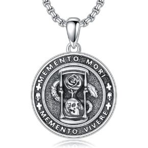 PROESS Memento Mori Necklace 925 Sterling Silver Hourglass Necklace Memento Mori Pendant Skull Pendant Jewelry for Men Women