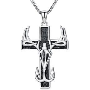 Cross Necklace for Men Fish Hook Antler Pendant 925 Sterling Silver Deer Antler Jewelry Hunting Gifts for Men Boyfriend