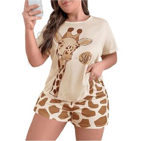 SOLY HUX Women's Plus Size Short Sleeve Pajama Set Cute Graphic Print Shorts Sleepwear Lounge Sets