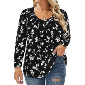 CARCOS Womens Plus Size Tops Basic Fall Pleated Flowy Shirts Long Sleeve Crewneck Tunic Tops Casual T Shirt Winter XL-5XL