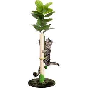 28" Tall Cat Scratching Post for Kitten and Large Cats, Durable Scratching Post for Indoor Cats with Self-Grooming Rubber Brush, Cat Sisal Post with Simulated Leaves