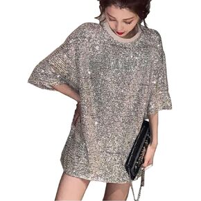 Loose Silver Sequin Tops Sparkle Long Shirt for Women Punk Rock Clothing