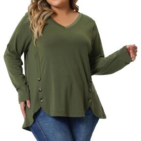 Agnes Orinda Plus Size Tunic Tops for Women Casual V Neck Loose Button Side Long Sleeve Basic Swing Blouses
