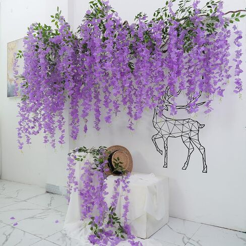 12pcs Pack 43.3" Flame Retardant Artificial Wisteria Hanging Flowers Fake Flores Garland Silk Wisteria String Vines Rattan Wedding Party Wall Ceiling Trade Show Garden Decorations (Violet) in Saudi Arabia