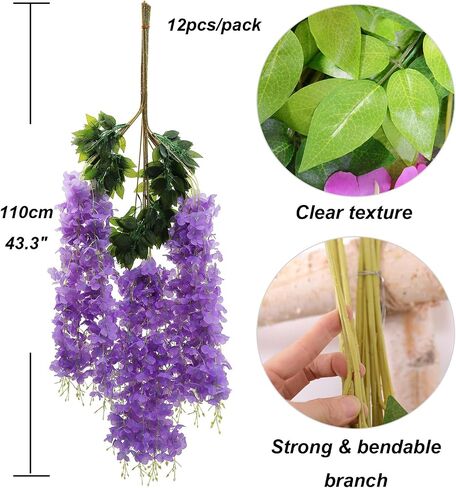 12pcs Pack 43.3" Flame Retardant Artificial Wisteria Hanging Flowers Fake Flores Garland Silk Wisteria String Vines Rattan Wedding Party Wall Ceiling Trade Show Garden Decorations (Violet) in Saudi Arabia
