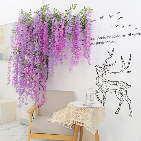 12pcs Pack 43.3" Flame Retardant Artificial Wisteria Hanging Flowers Fake Flores Garland Silk Wisteria String Vines Rattan Wedding Party Wall Ceiling Trade Show Garden Decorations (Violet) in Saudi Arabia