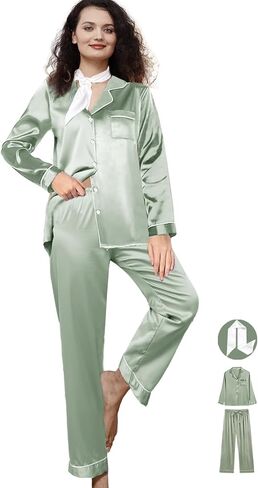 3Pcs Satin Pajama Sets For Women XS-3XL Womens Silk Pajamas Set Silky Sleepwear Nigtwear Loungewear Long Pj Set in Kuwait