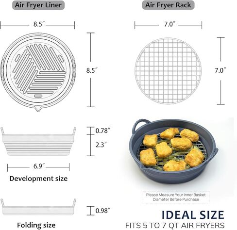 بطانات سيليكون للمقلاة الهوائية قابلة لإعادة الاستخدام مع رف مقلاة هوائية، بطانات سلة مقلاة هوائية دائرية قابلة للطي من السيليكون، حشوات مقلاة هوائية مقاس 8.5 بوصة لمقلاة هوائية 5-7 كيو تي، رمادي in Kuwait