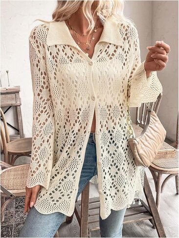 GORGLITTER Women's Lightweight Sweater Summer Cardigan Long Sleeve Crochet Button Down Cardigans Sweaters in Saudi Arabia