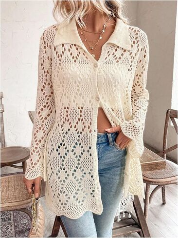 GORGLITTER Women's Lightweight Sweater Summer Cardigan Long Sleeve Crochet Button Down Cardigans Sweaters in Saudi Arabia