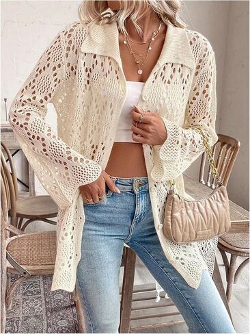 GORGLITTER Women's Lightweight Sweater Summer Cardigan Long Sleeve Crochet Button Down Cardigans Sweaters in Saudi Arabia