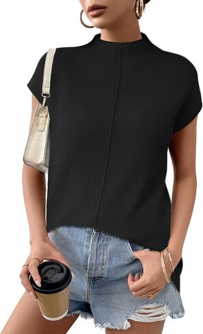 Anbech Women's Mock Neck Sleeveless Sweater Vest Cap Sleeve Knit Summer Tank Tops in Saudi Arabia