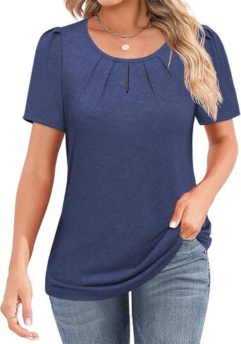 Womens Summer Tops Puff Short Sleeve Shirts Crewneck Pleated Tunic Blouses Fashion Clothes 2024 in Saudi Arabia