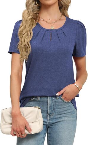 Womens Summer Tops Puff Short Sleeve Shirts Crewneck Pleated Tunic Blouses Fashion Clothes 2024 in Saudi Arabia